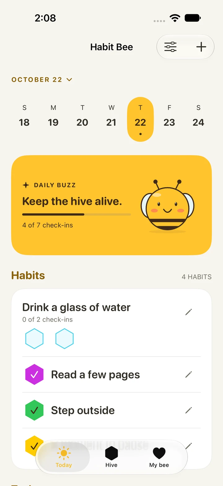 Habit Bee on iPhone showing today's habits, daily check-in progress, and a bee companion.