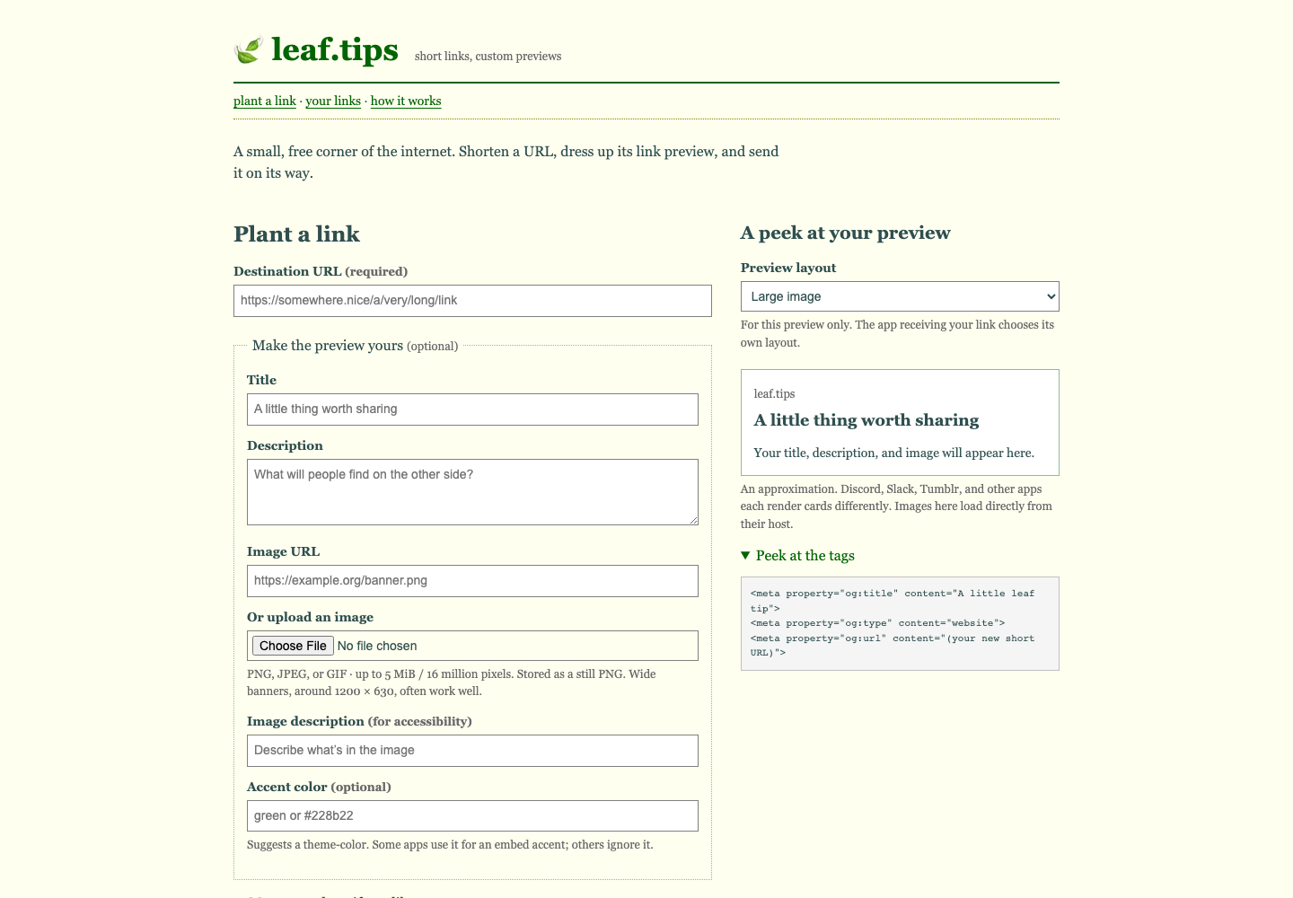 Leaf.tips link creation form with a custom link preview.
