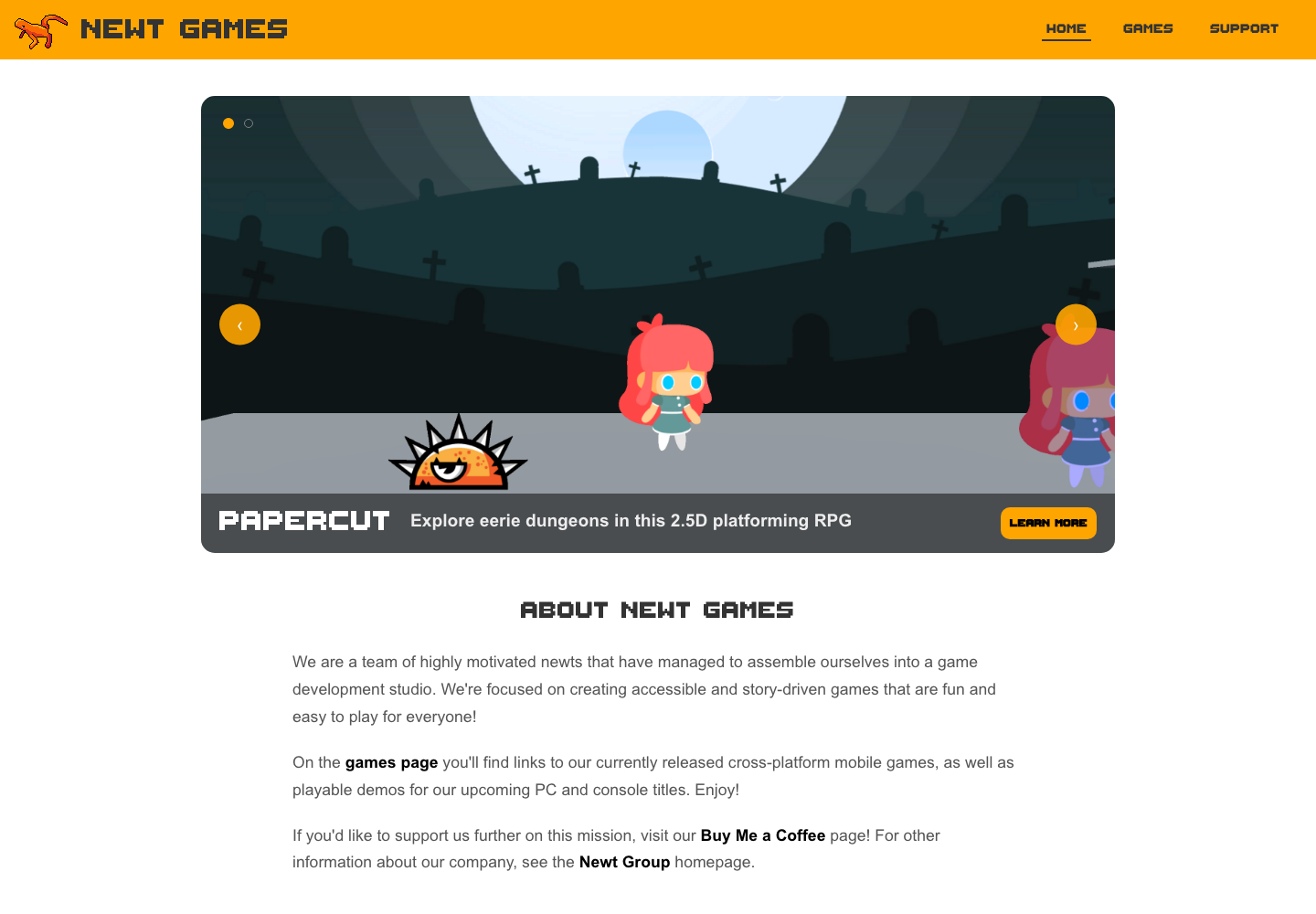 Newt Games homepage with its game collection and playable demos.
